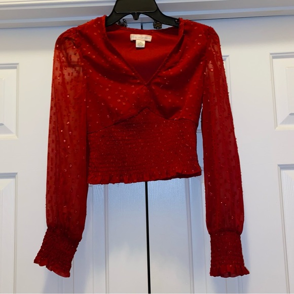 ๐ ๐HP๐ B.O.G Collective Red Shimmer Bubble Sleeve Crop Blouse XS - Picture 6 of 7
